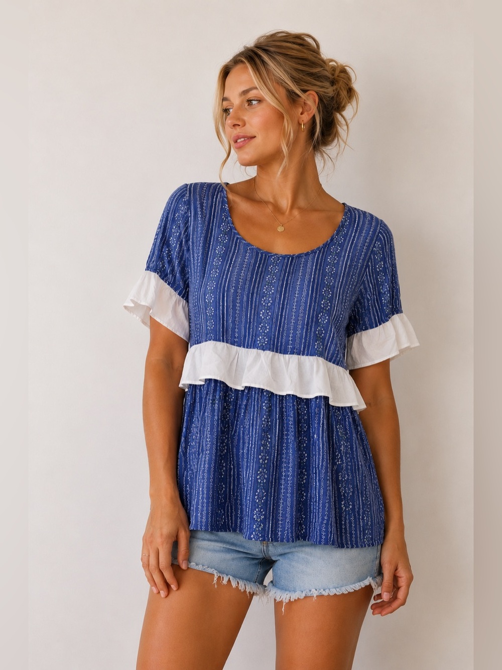 Navy Blue Ruffled Blouse with Short Sleeves